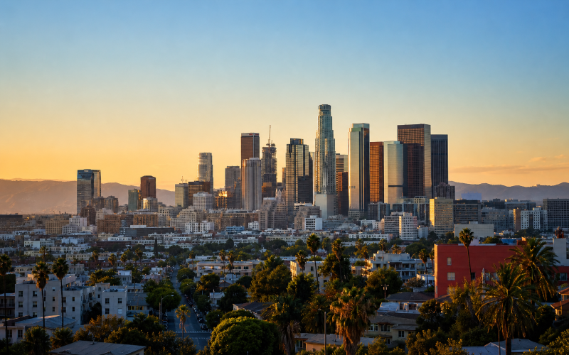 Los Angeles downtown skyline with sprawling city below