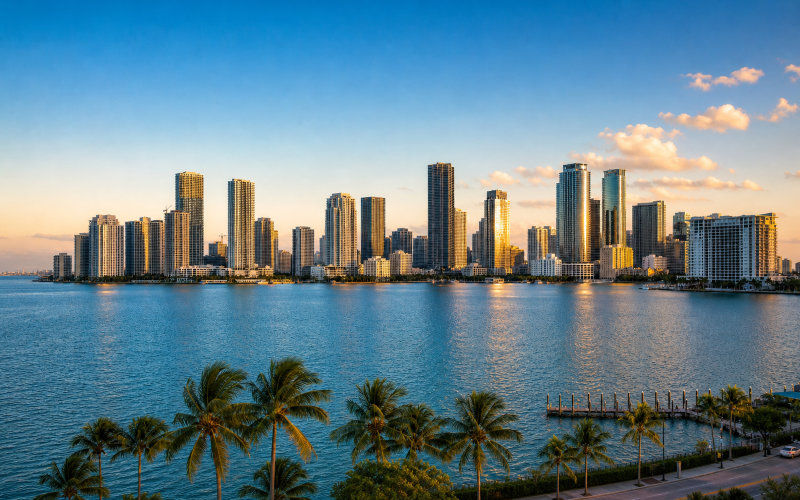 Miami skyline with palm trees and waterfront