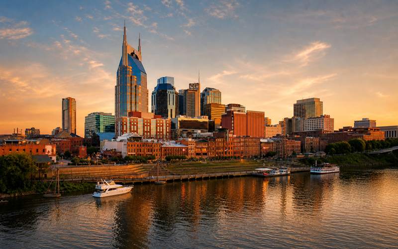 Nashville skyline with river and pedestrian bridge at dusk