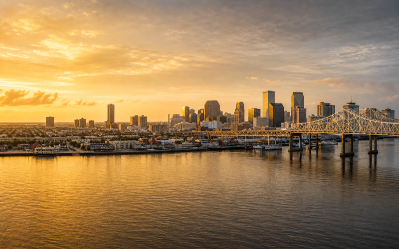New Orleans skyline with river bridge at golden hour