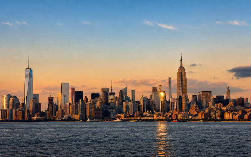 New York skyline with Manhattan waterfront at golden hour